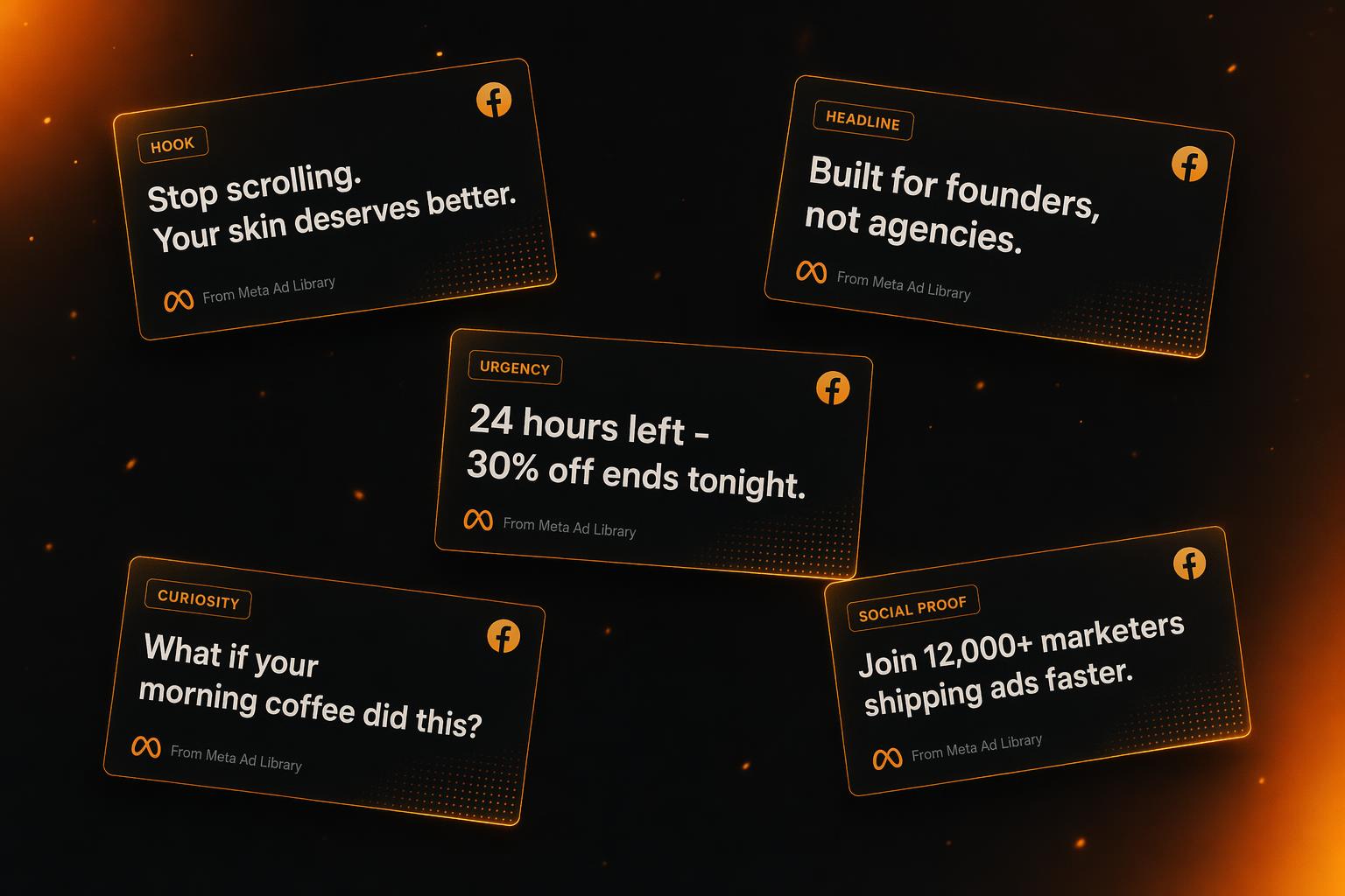 Grid of ad copy card mockups showing hooks, headlines, urgency, curiosity, and social proof variations sourced from the Meta Ad Library