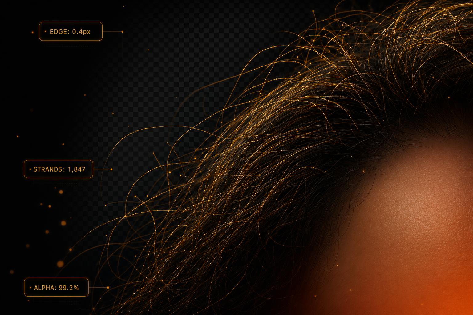 A macro close-up of wispy hair strands traced by a glowing amber edge-detection outline, showing precise AI segmentation on fine details