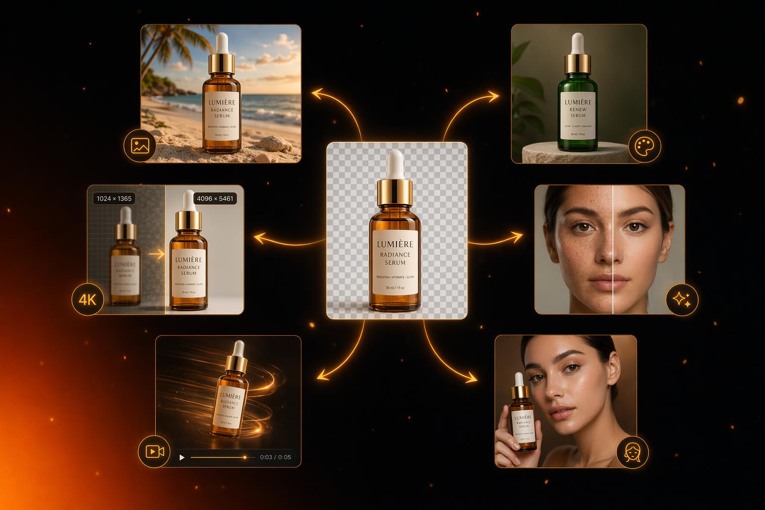 A clean product cutout at center radiating outward to six workflow cards — background swap, color change, upscale, face swap, video, and retouch — showing the all-in-one AI editing ecosystem