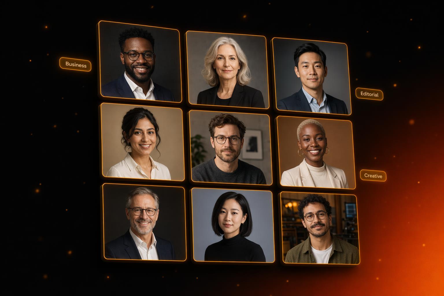 A floating grid of diverse professional AI-generated headshots showing different styles — business, editorial, and creative — with clean studio lighting