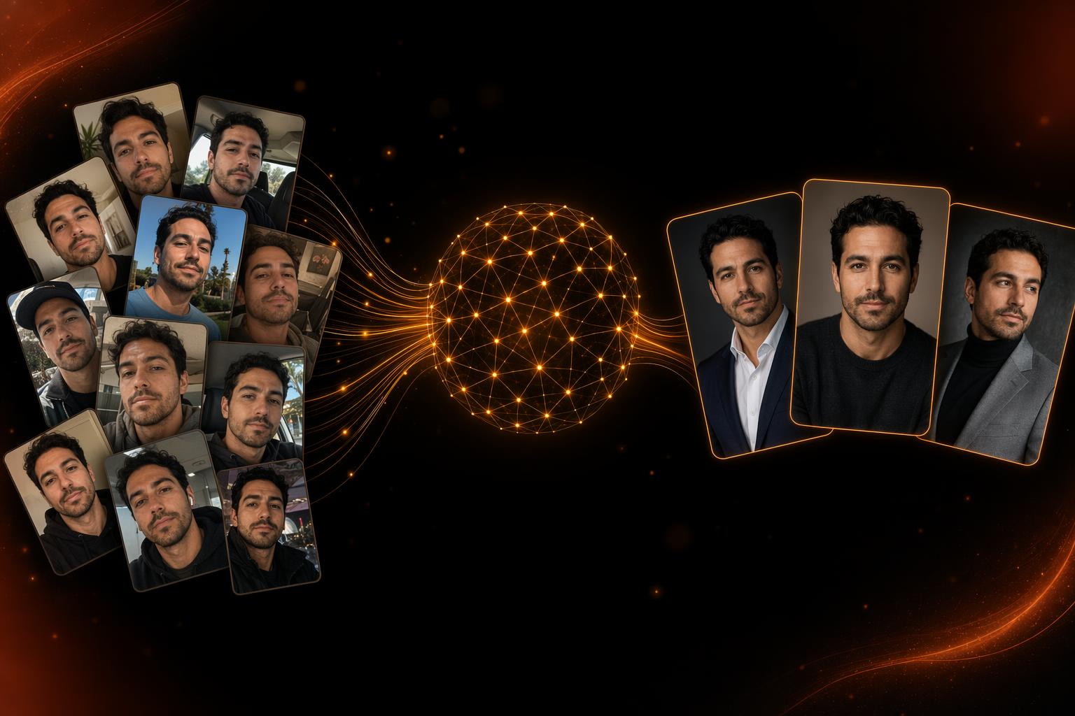 Diagram showing reference selfies feeding into a glowing AI model that outputs polished professional headshots, illustrating custom model training