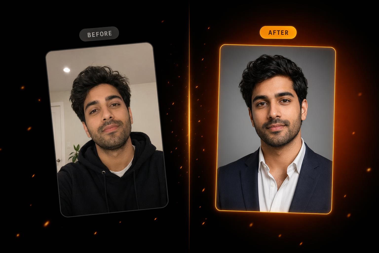 Before and after split-screen showing a casual phone selfie transformed into a polished, studio-lit professional AI headshot