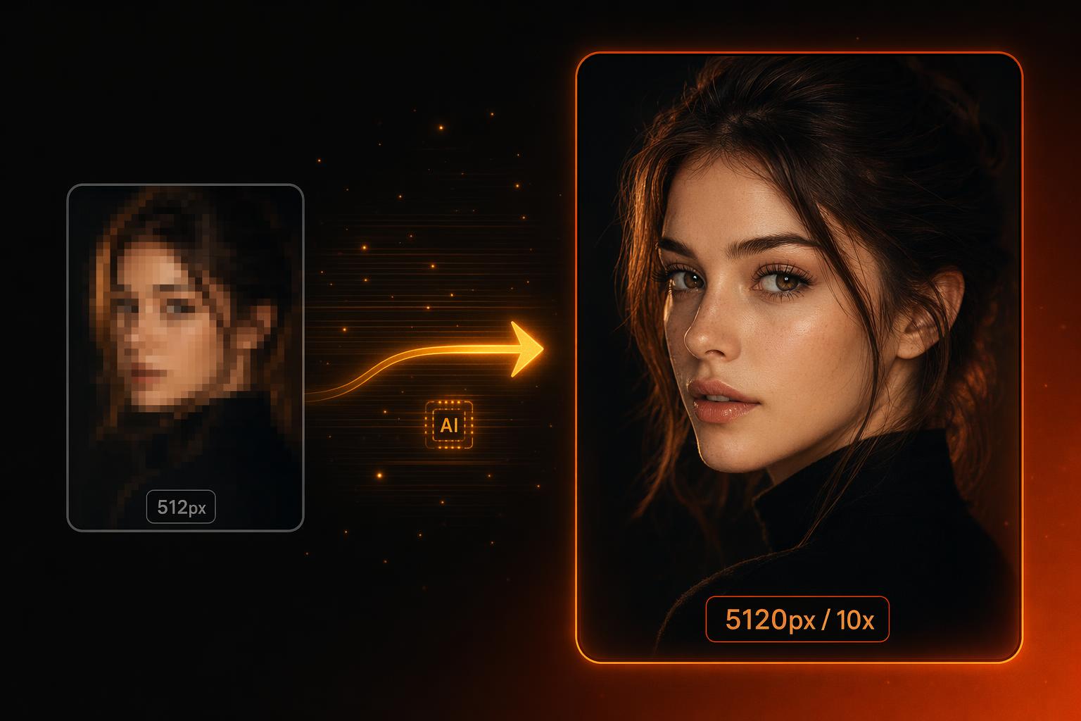 Side-by-side comparison of a blurry 512px portrait transformed into a sharp 5120px version with a glowing arrow showing 10x AI upscaling