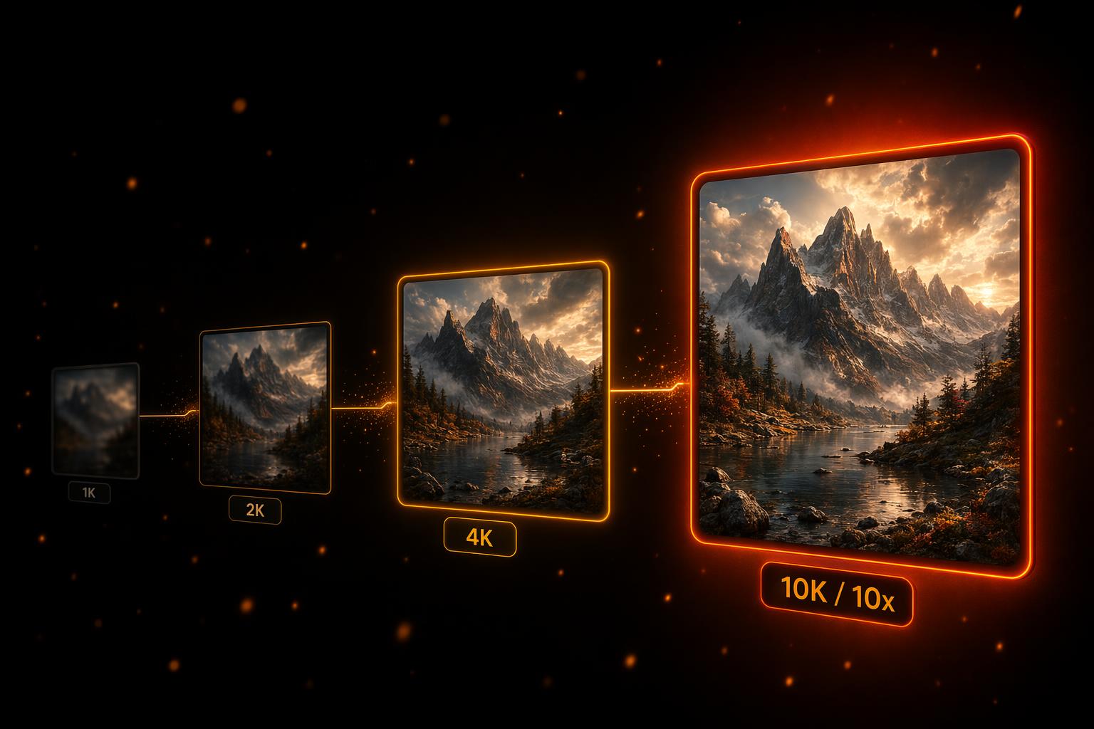 Progression of four resolution tier cards from 1K to 10K showing increasing clarity and size at each upscaling step