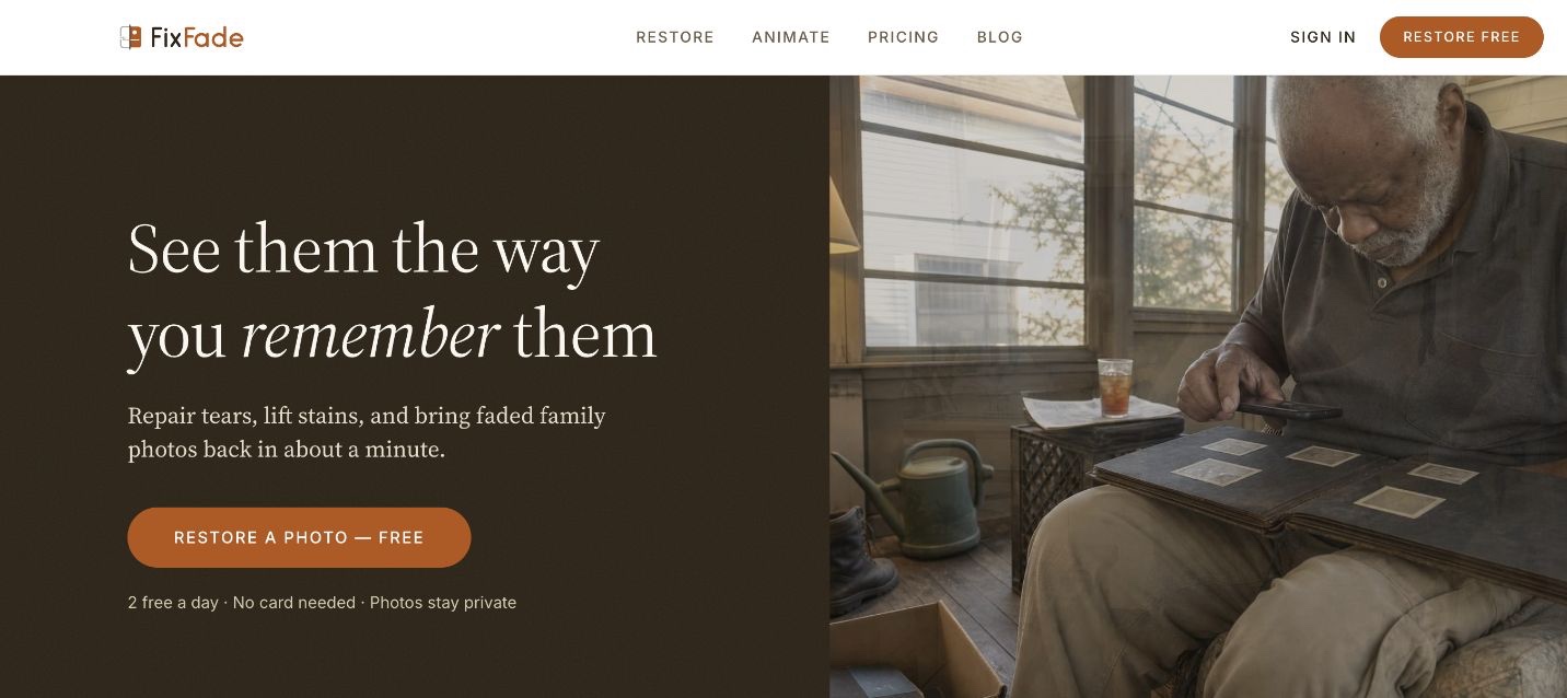FixFade homepage with the headline 'See them the way you remember them' and a free restore button