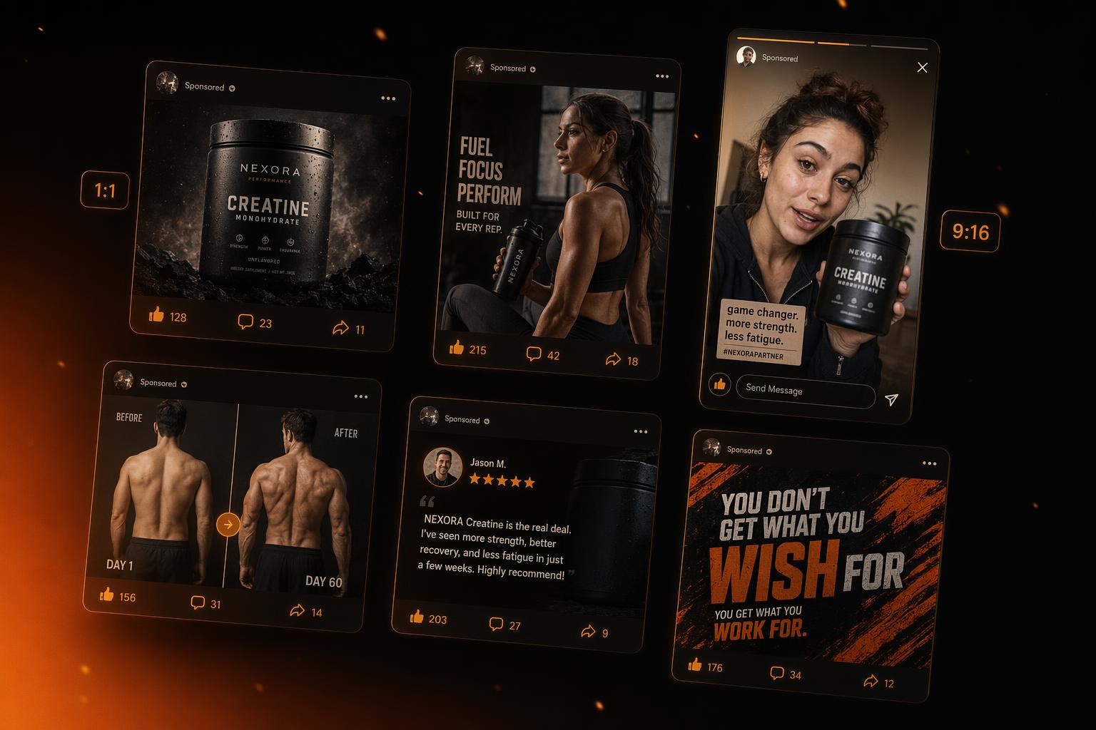 A grid of stylized Facebook and Instagram ad creative tiles in 1:1, 4:5, and 9:16 formats with Meta-style engagement icons