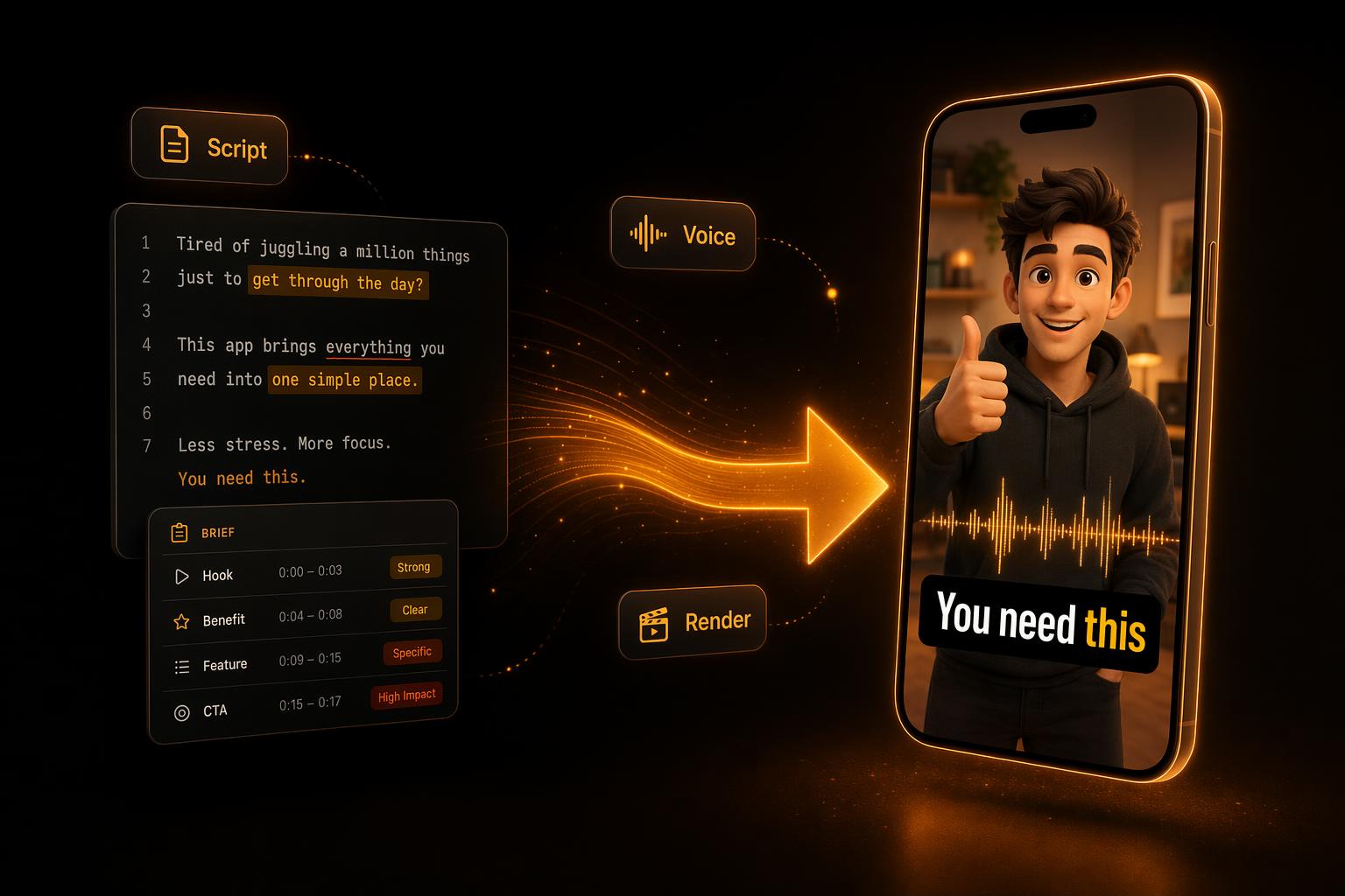 Diagram of an AI UGC ad pipeline: ad script text on the left flowing through a glowing arrow into a vertical phone mockup showing an AI avatar speaking with captions overlaid.