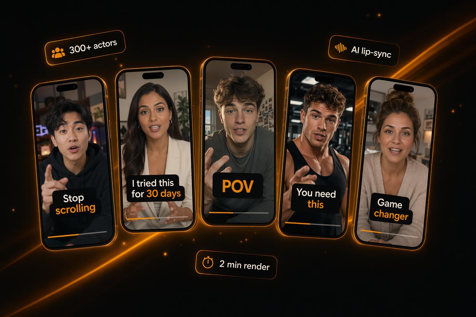 A row of five vertical phone mockups showing diverse AI UGC avatars mid-speech with captions overlaid, illustrating the breadth of AI actor libraries used for UGC video ads.