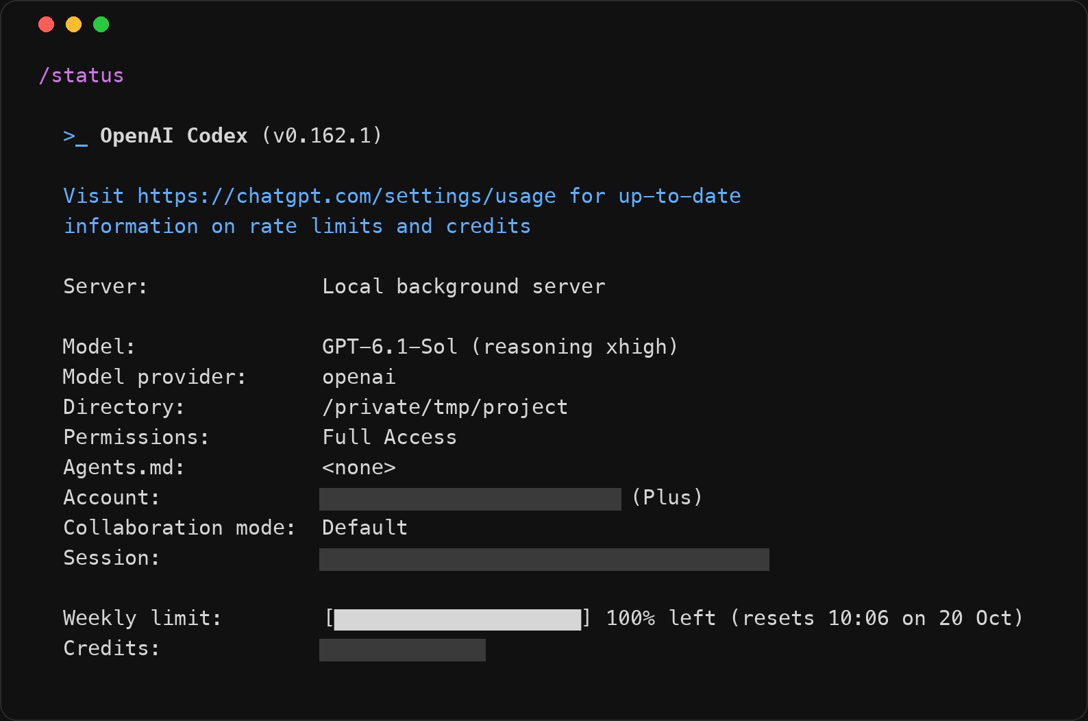 Codex CLI /status output: model GPT-6.1-Sol with xhigh reasoning, account redacted with Plus plan, weekly limit 100% left resetting on October 20, credit balance redacted.