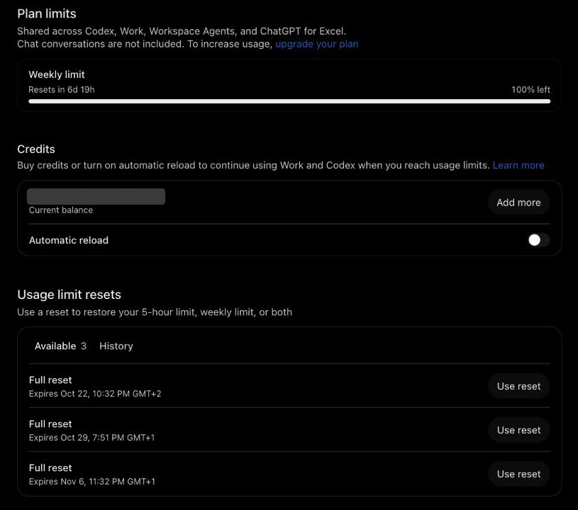 ChatGPT Settings, Usage page: a weekly limit bar at 100% left resetting in 6 days 19 hours, a redacted credit balance with an Add more button, and three banked full resets with expiry dates.