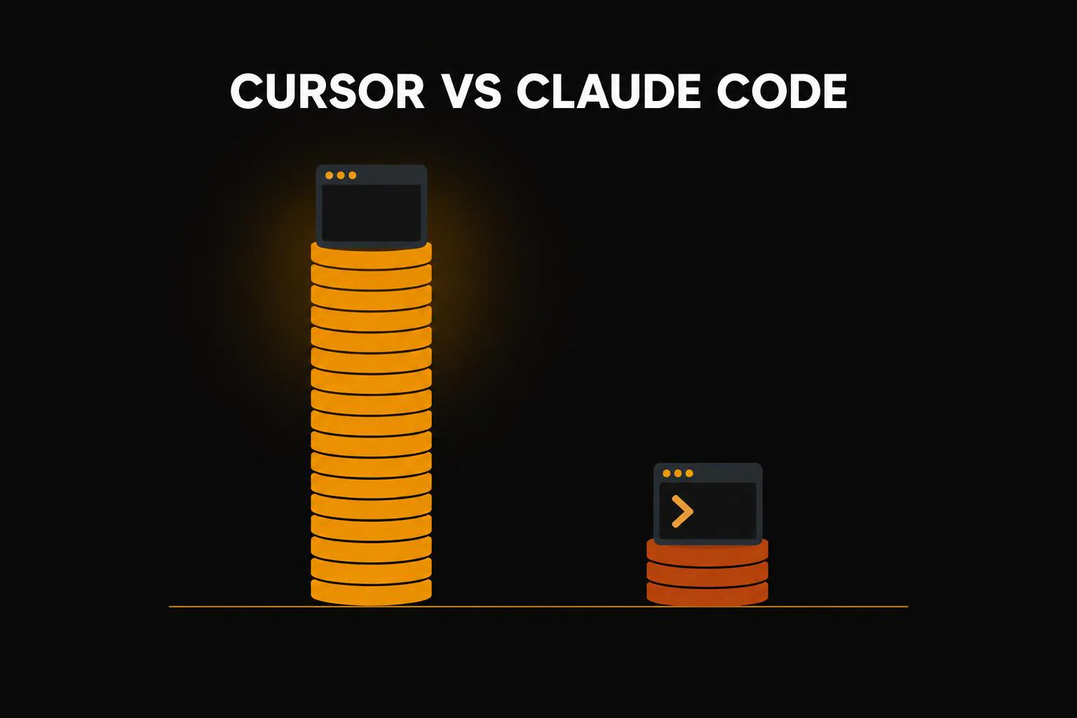 A tall stack of amber coins under a code editor window next to a short stack of three sienna coins under a terminal window, with the headline Cursor vs Claude Code