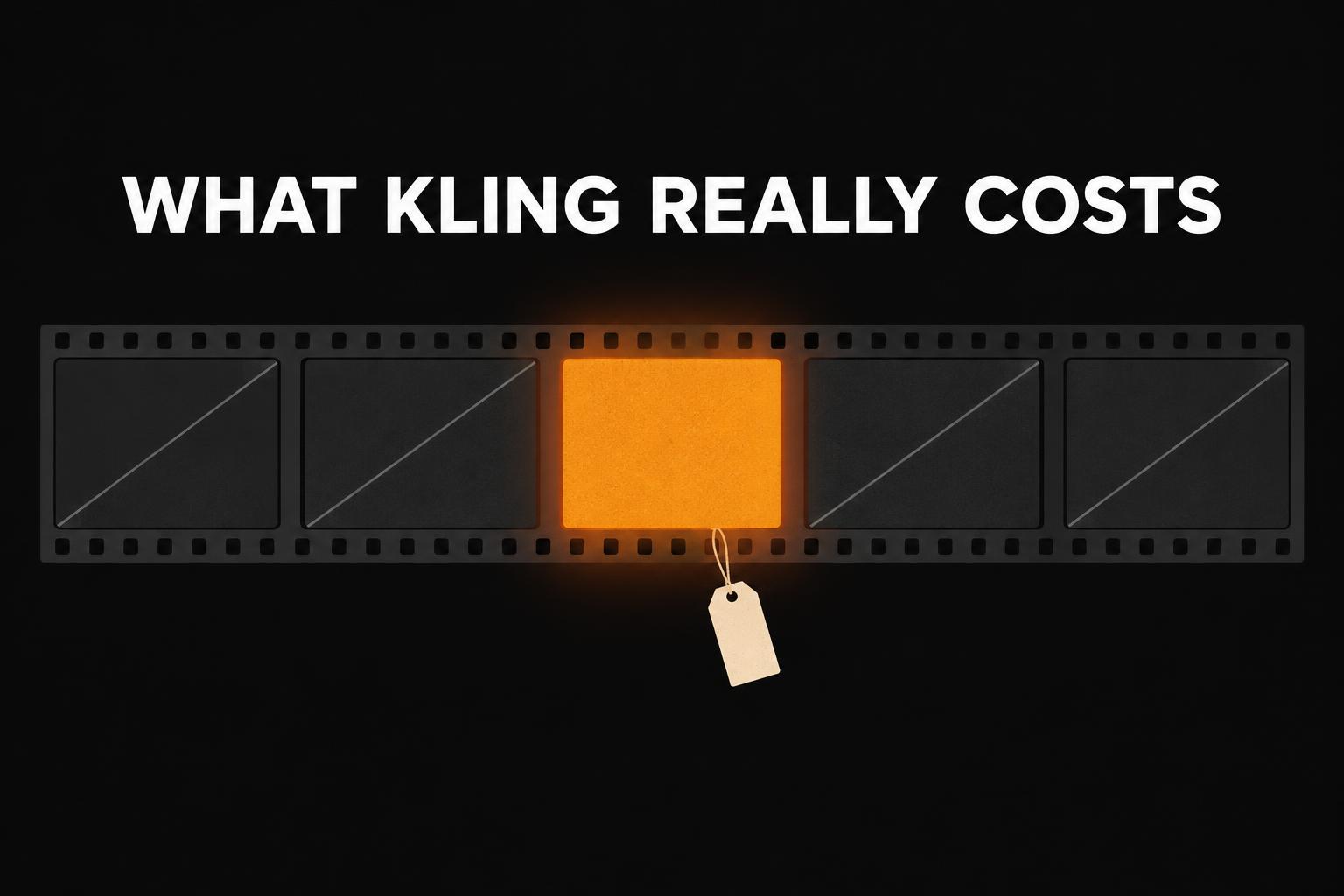 A film strip of five frames on a black background; four are gray and struck through, the middle one glows amber with a price tag hanging from it, under the headline What Kling Really Costs