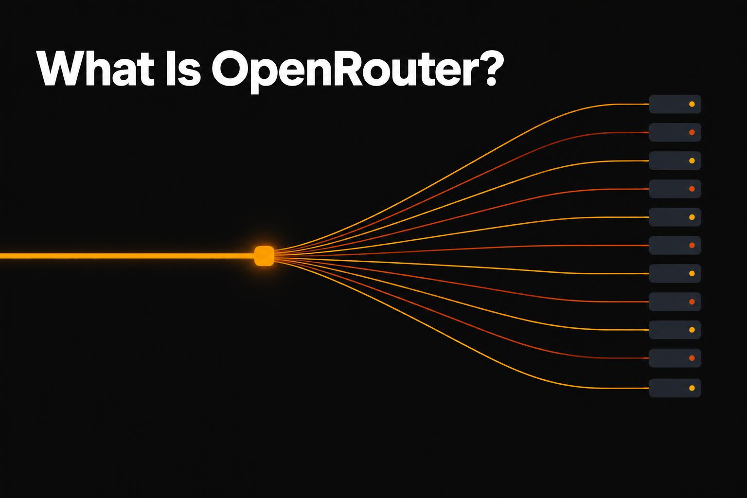 A single amber line enters a small hub and fans out into a dozen thin lines, each ending at a small server block, under the headline What Is OpenRouter?