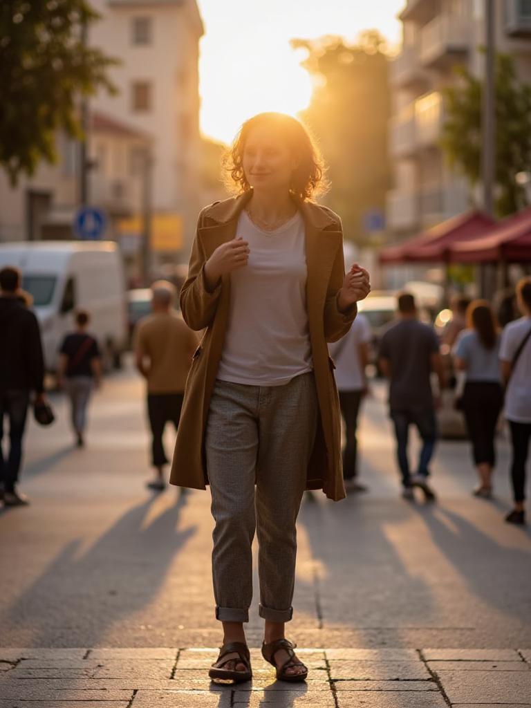 walking on a city street, candid full-body photo, golden