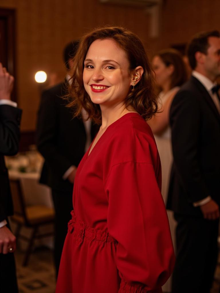 wearing a red dress at a formal event, elegant