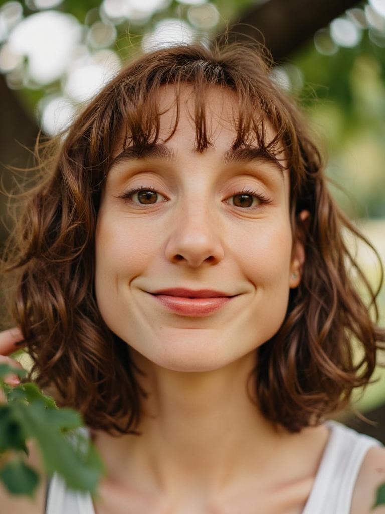 close-up portrait, natural makeup, outdoor park background