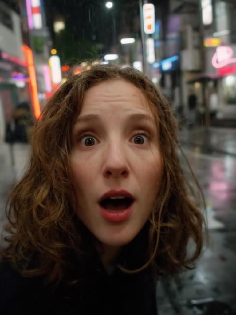 surprised expression, on a neon-lit rainy Tokyo street