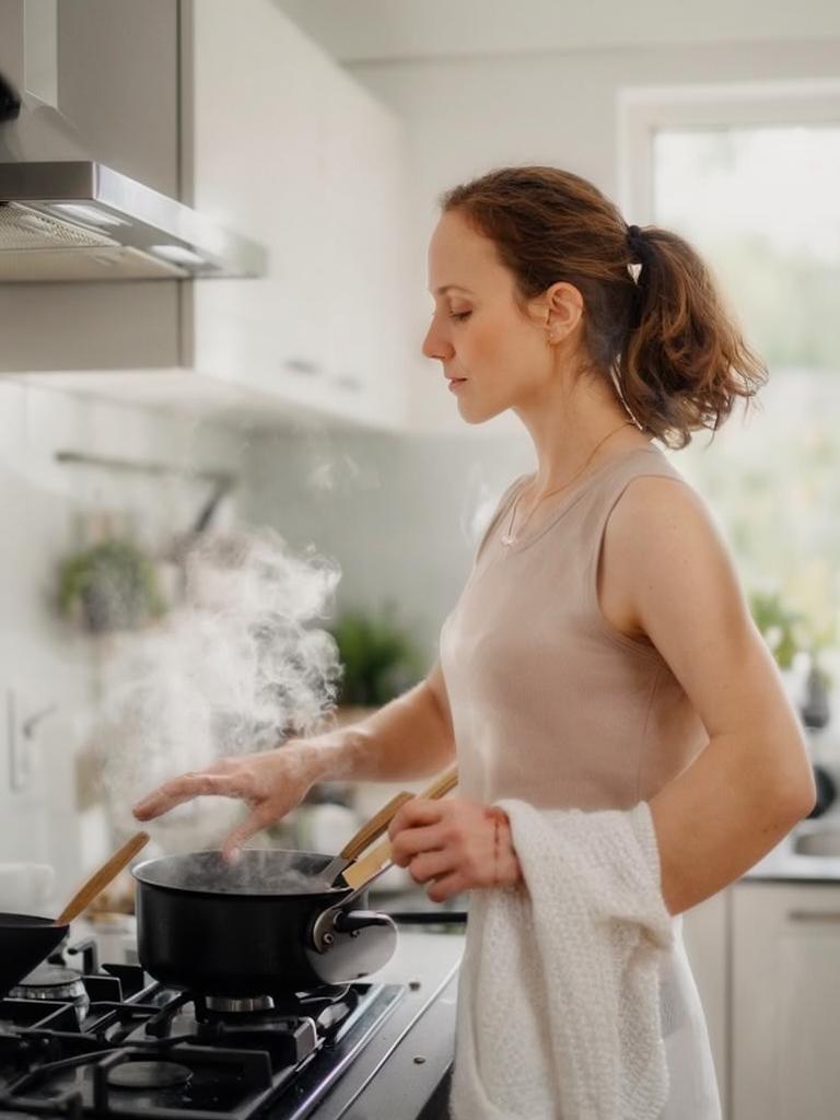 focused, cooking at a stove in a bright modern