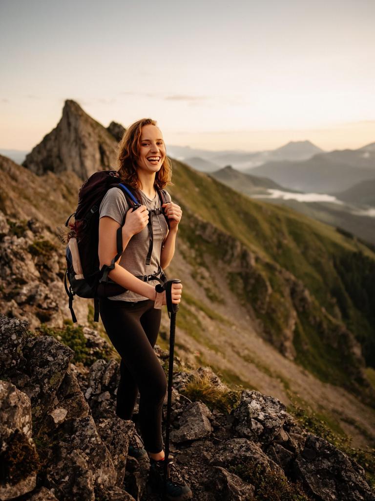 hiking a rocky alpine ridge with a backpack, smiling