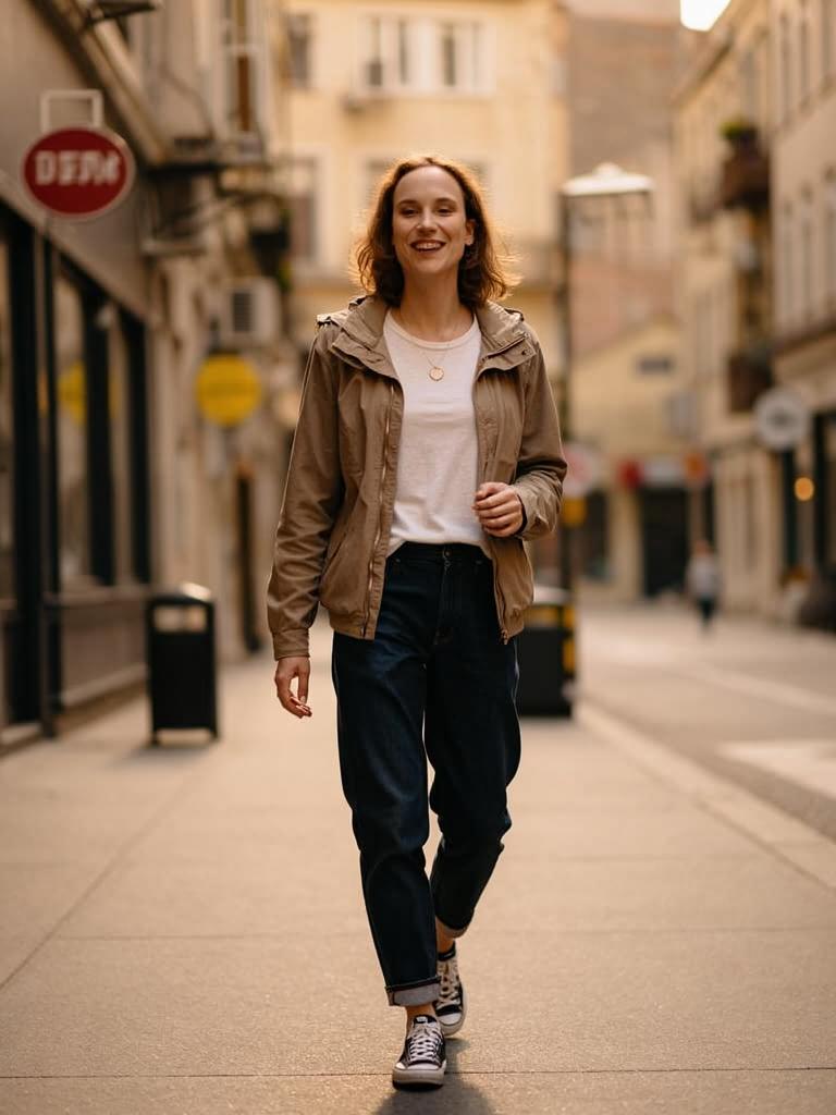 walking on a city street, candid full-body photo, golden