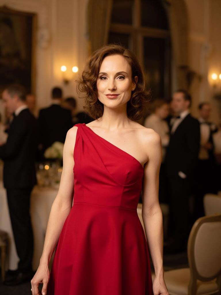 wearing a red dress at a formal event, elegant