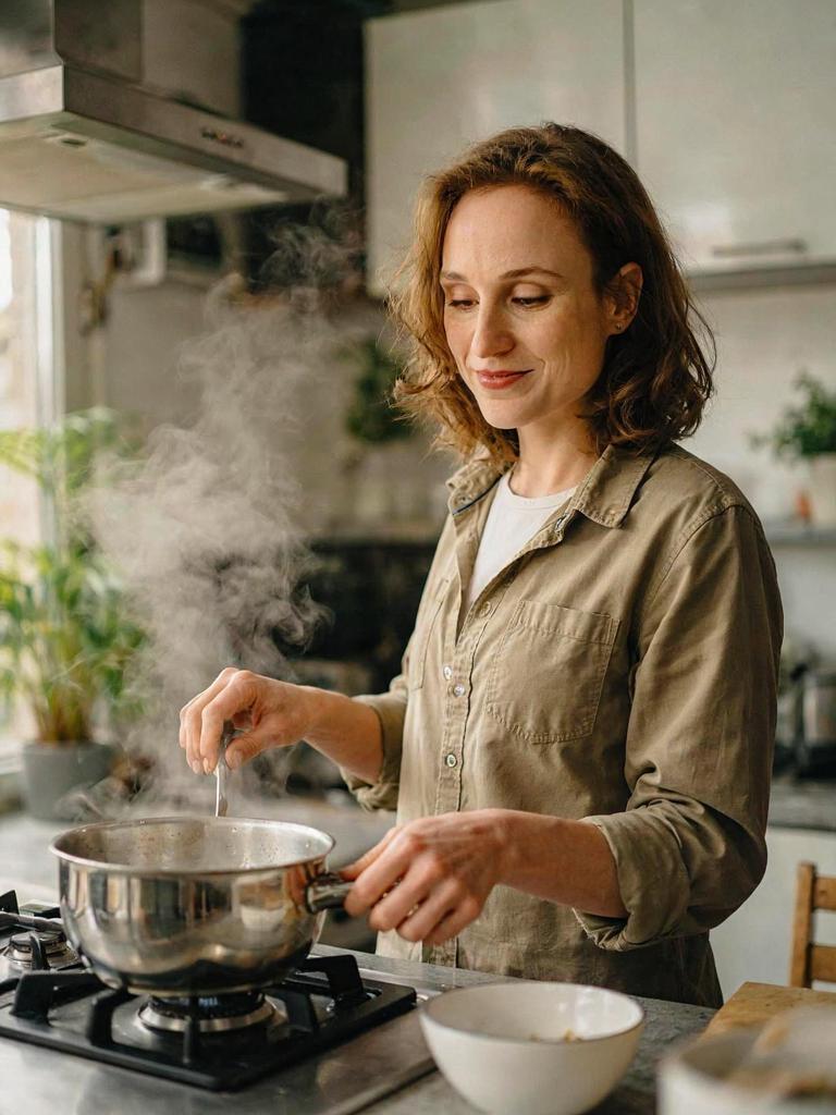 focused while cooking at a stove in a bright