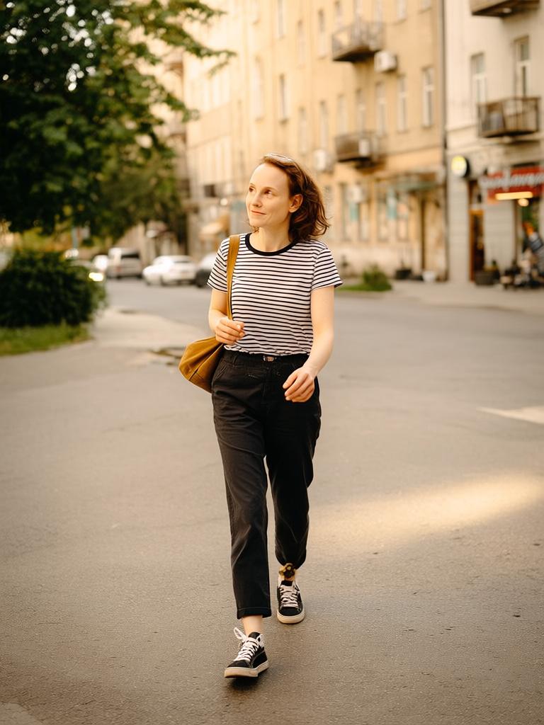 walking on a city street, candid full-body photo, golden