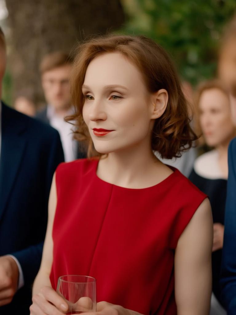 wearing a red dress at a formal event, elegant