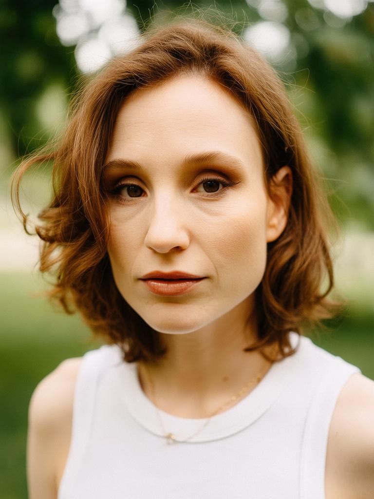 close-up portrait, natural makeup, outdoor park background