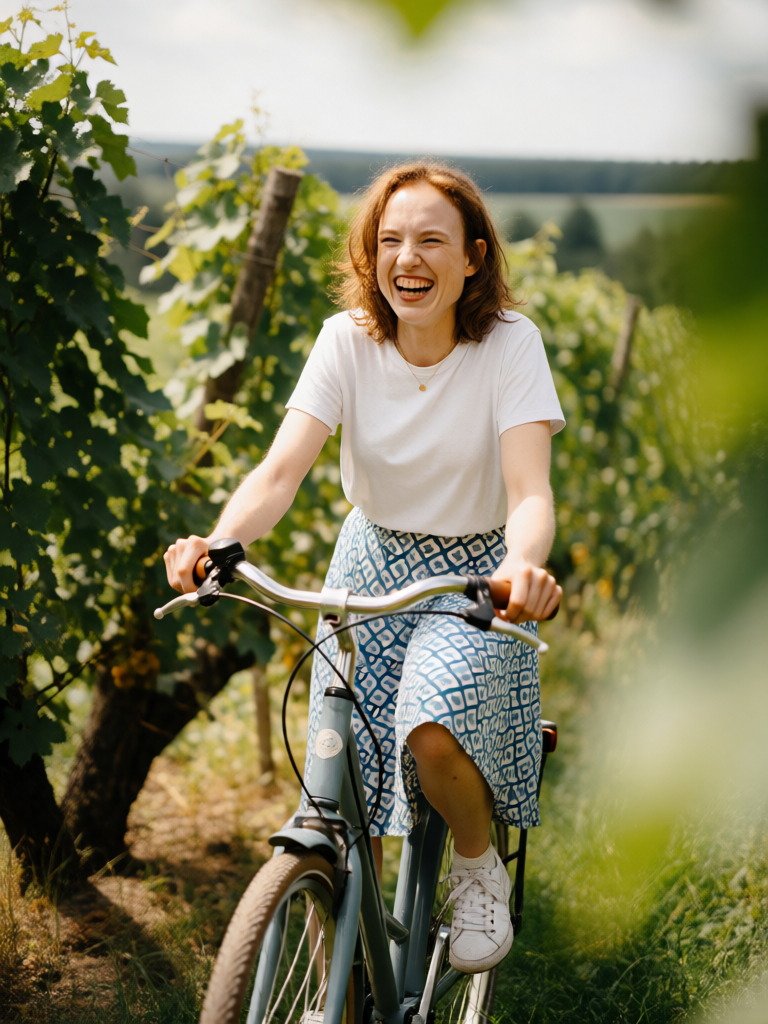 laughing on a bicycle in a vineyard