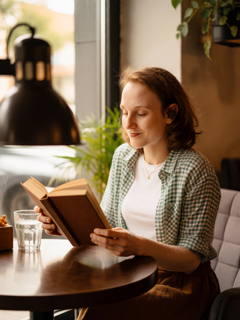 reading in a cozy cafe