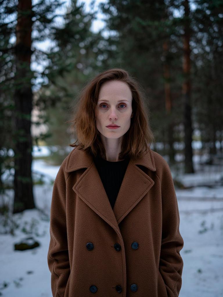 serious expression, wearing a wool overcoat