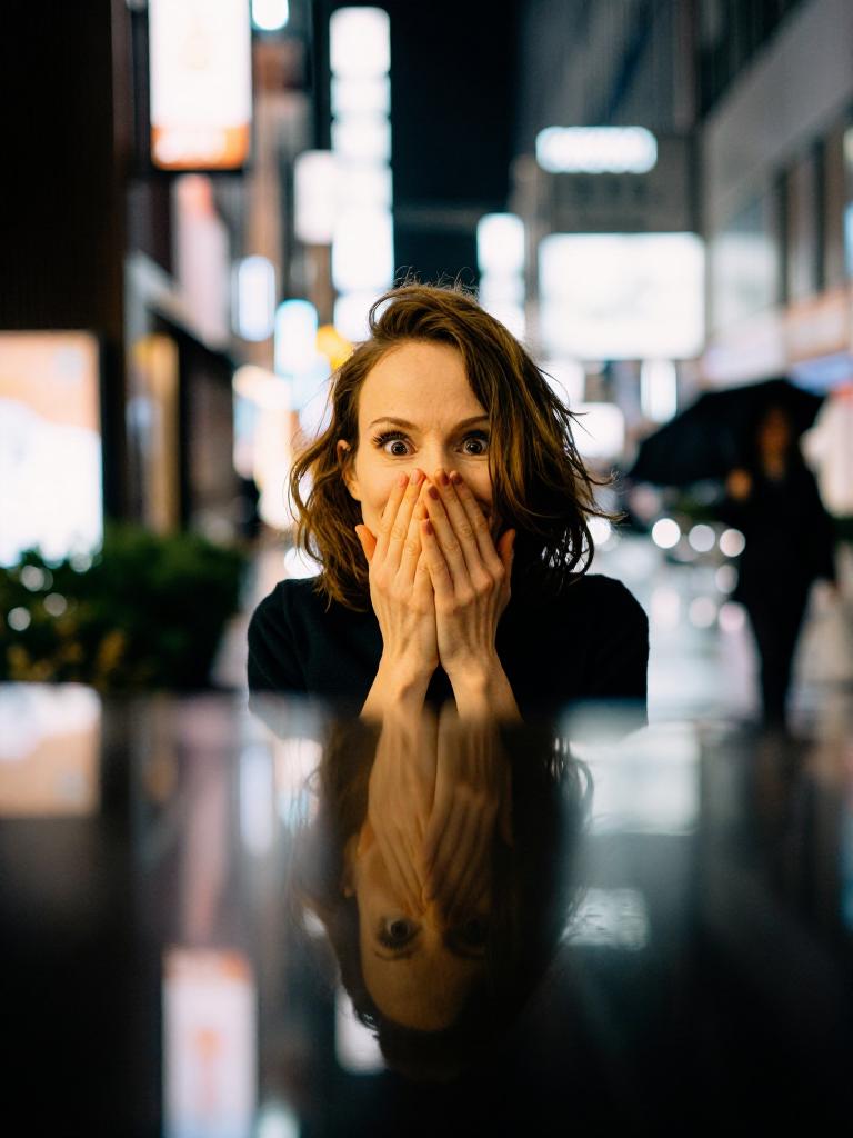 surprised expression, on a neon-lit rainy Tokyo street