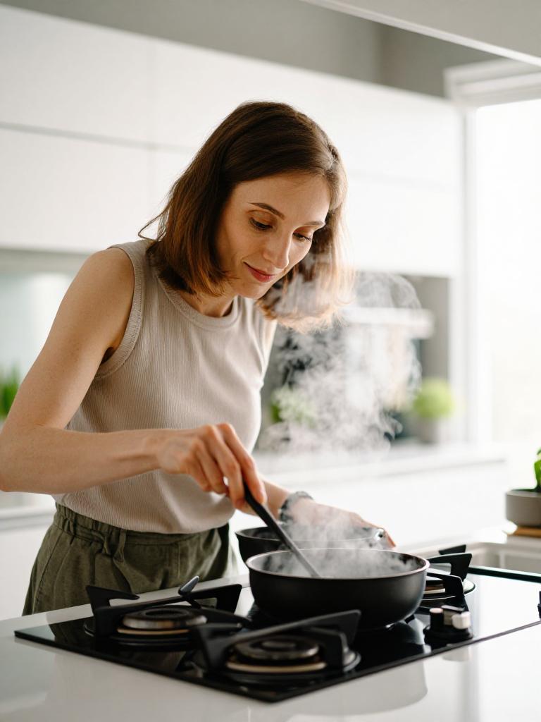 focused, cooking at a stove in a bright modern