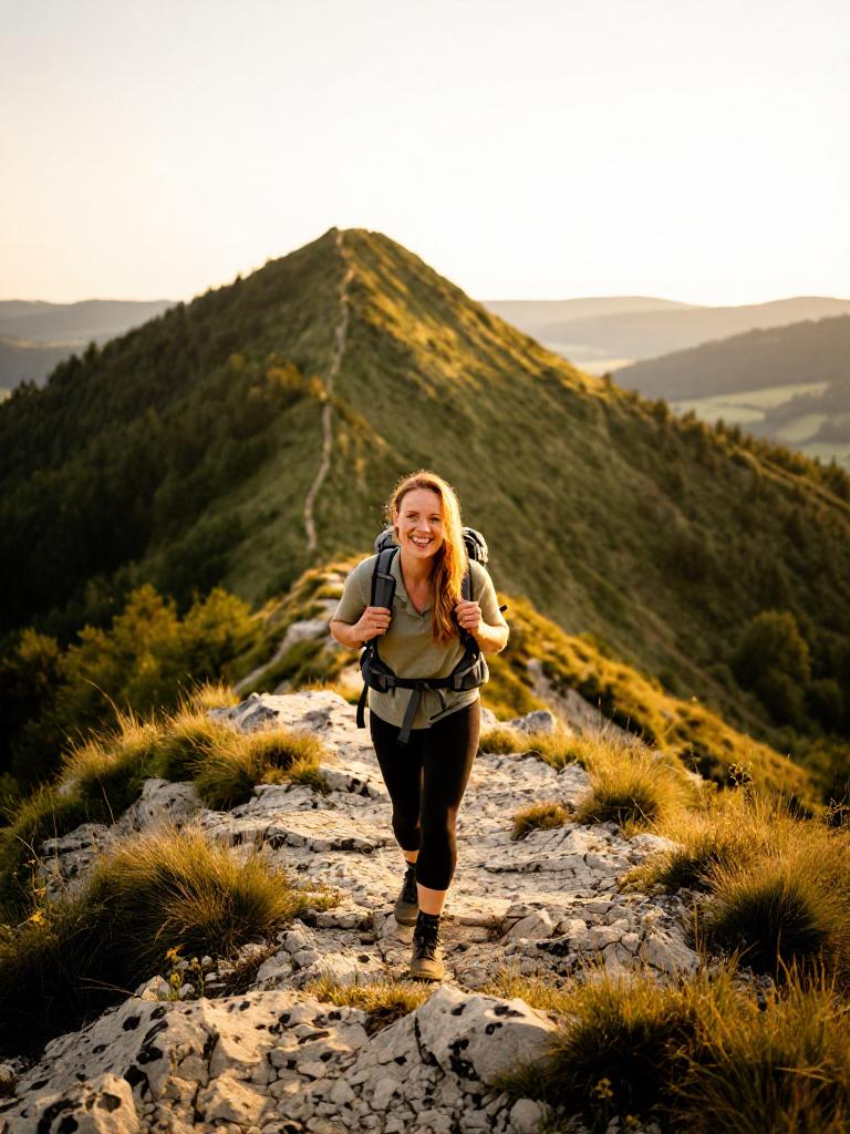 hiking a rocky alpine ridge with a backpack, smiling